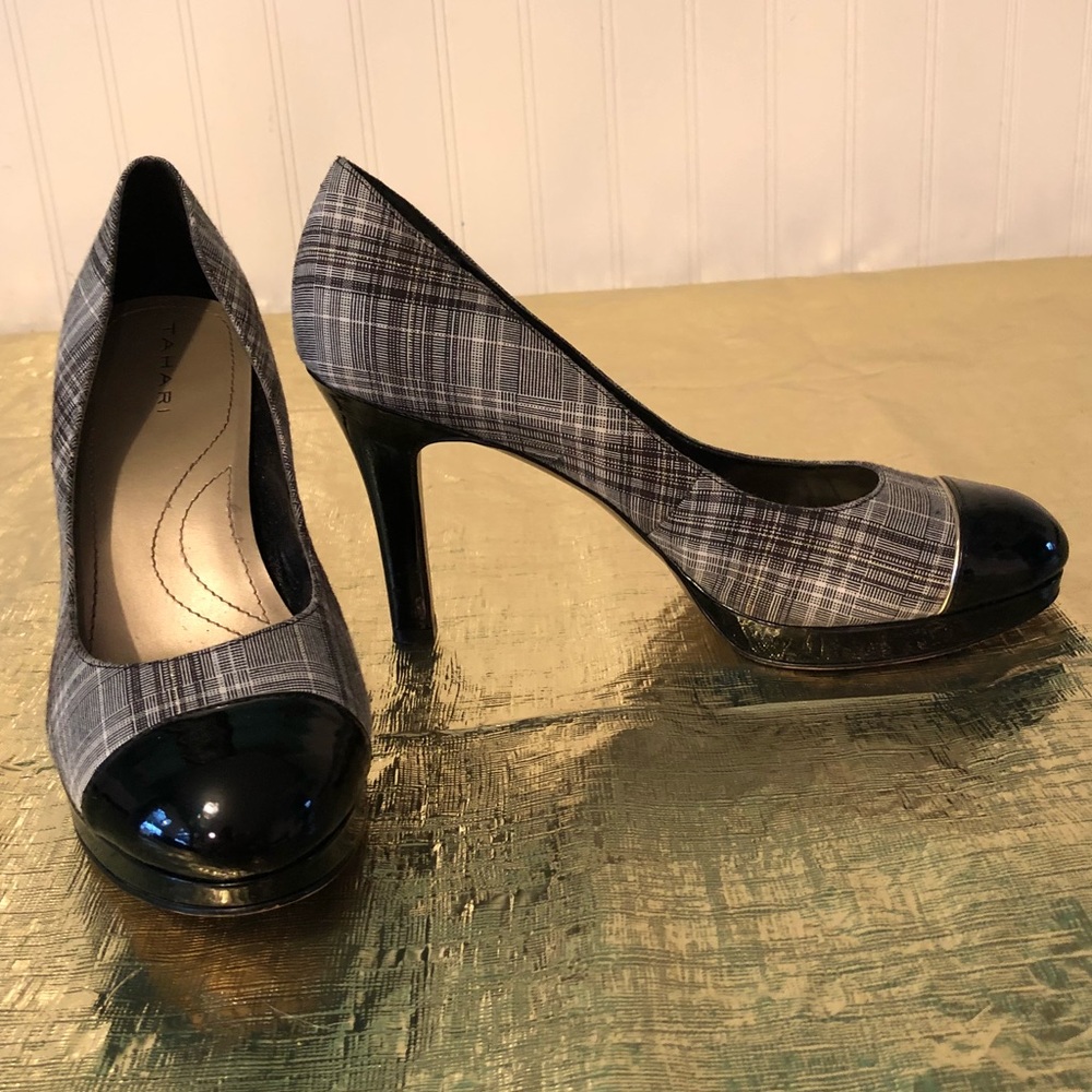 Black patent leather toe high heels